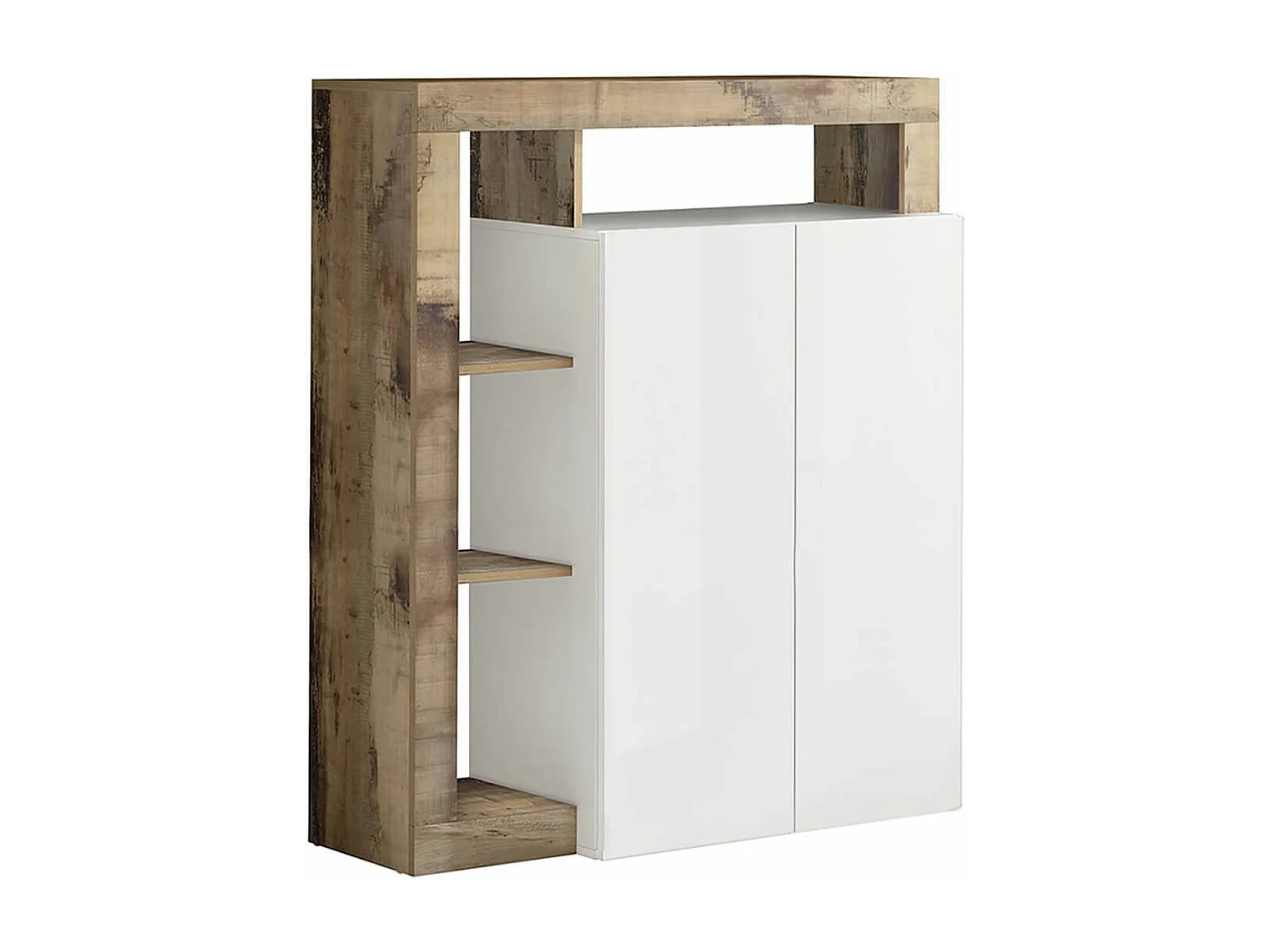 ARTURO - Meuble Bar 2 Portes Blanc Laqué Encadrement Niches Aspect Bois Antik