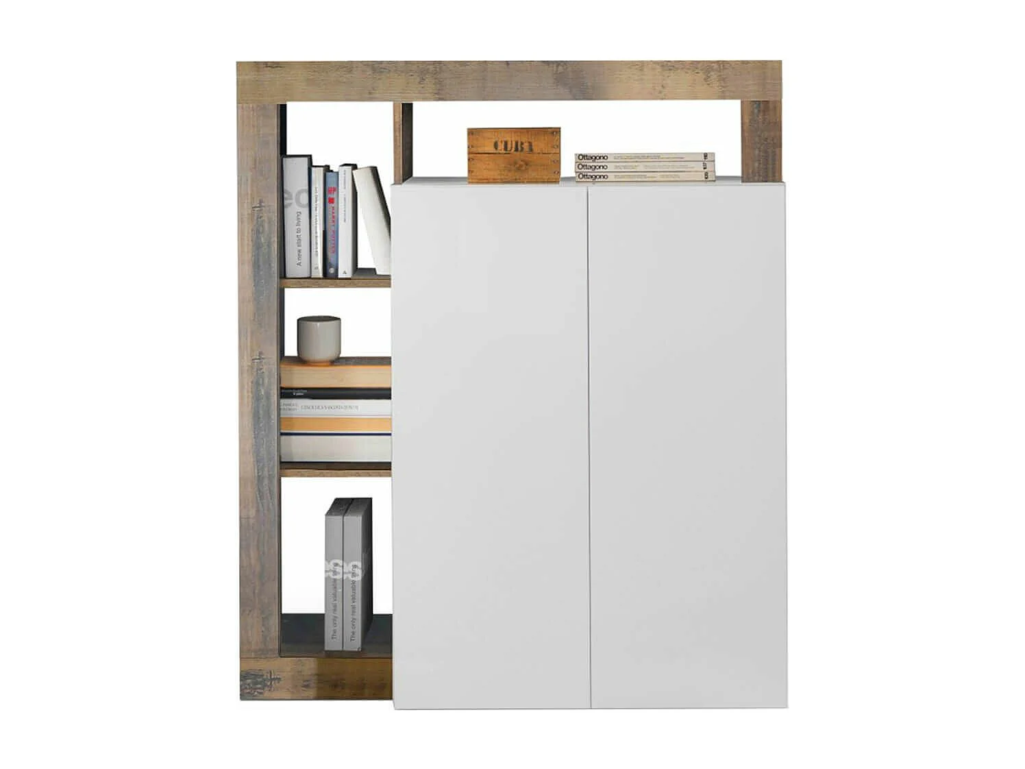 ARTURO - Meuble Bar 2 Portes Blanc Laqué Encadrement Niches Aspect Bois Antik