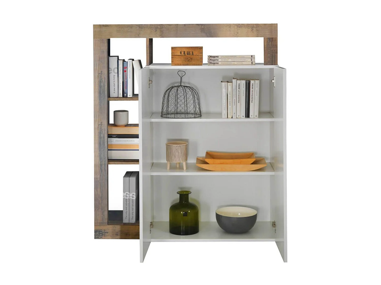 ARTURO - Meuble Bar 2 Portes Blanc Laqué Encadrement Niches Aspect Bois Antik