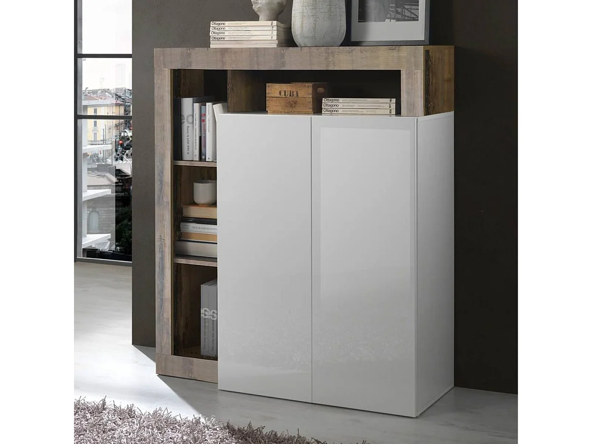 ARTURO - Meuble Bar 2 Portes Blanc Laqué Encadrement Niches Aspect Bois Antik