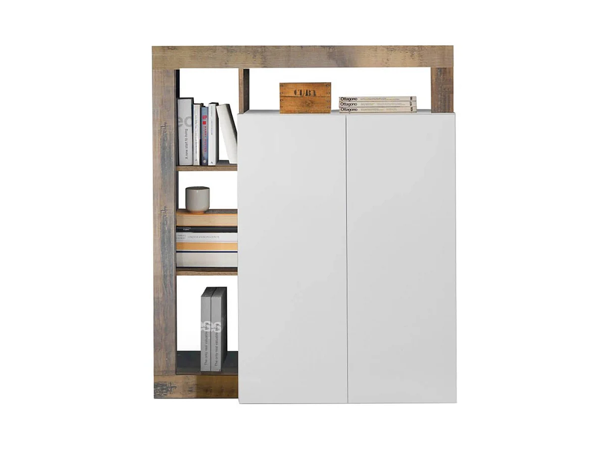 ARTURO - Meuble Bar 2 Portes Blanc Laqué Encadrement Niches Aspect Bois Antik
