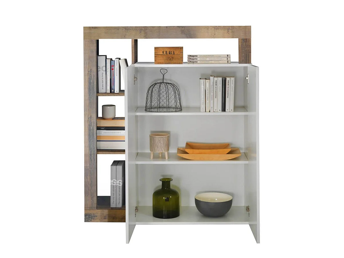 ARTURO - Meuble Bar 2 Portes Blanc Laqué Encadrement Niches Aspect Bois Antik