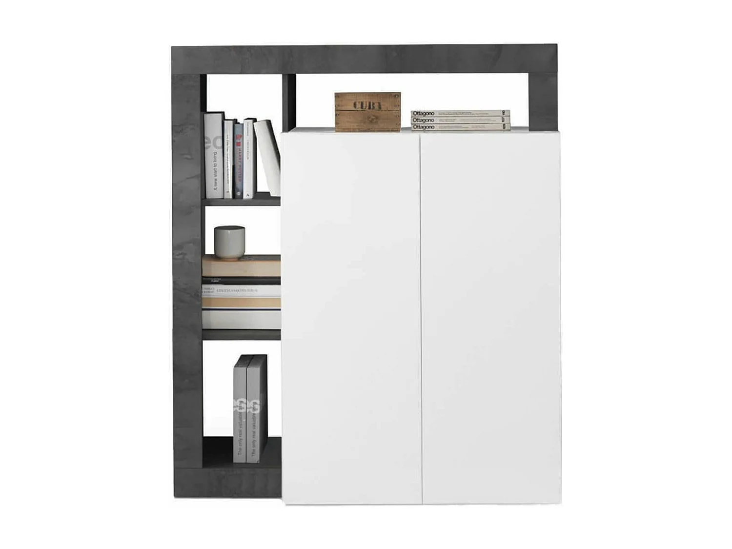 ARTURO - Meuble Bar 2 Portes Blanc Laqué Encadrement Niches Aspect Gris Oxyde