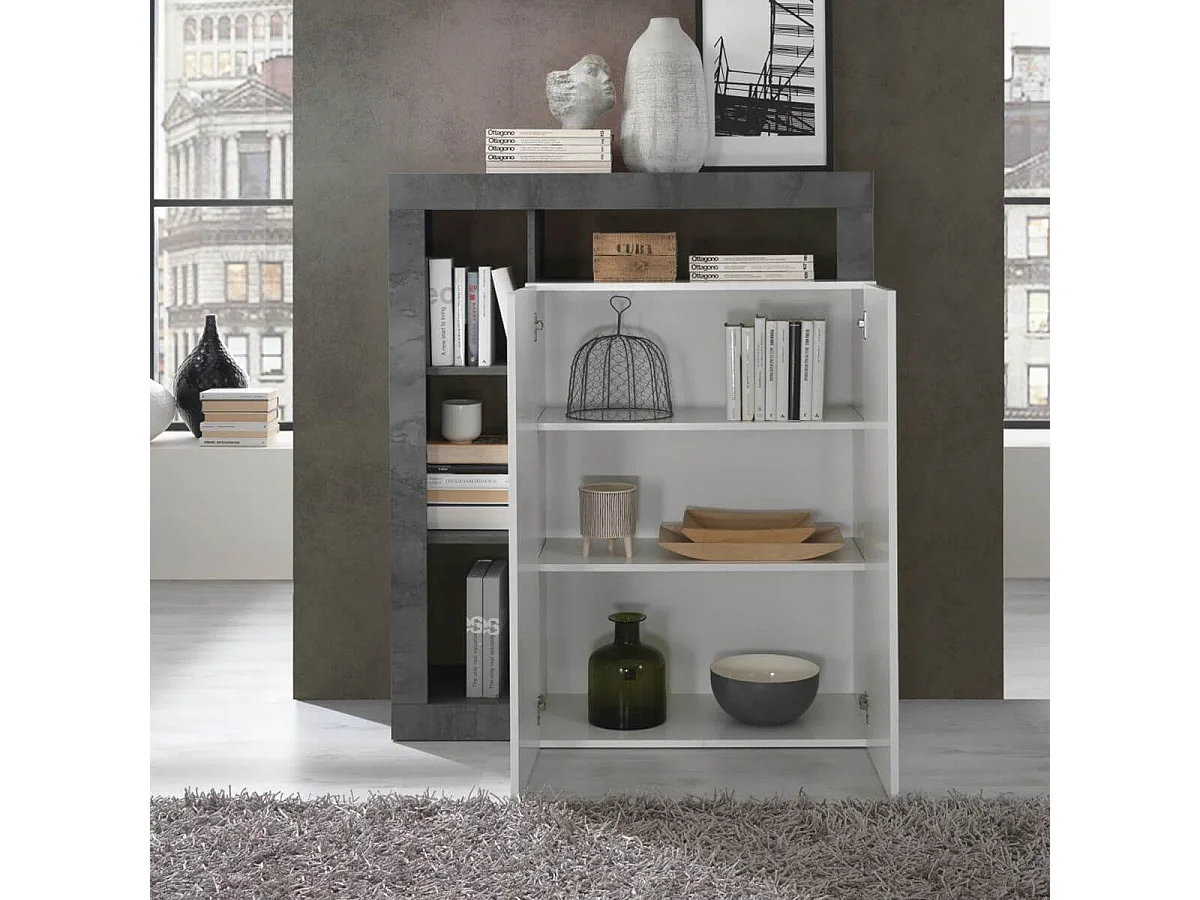 ARTURO - Meuble Bar 2 Portes Blanc Laqué Encadrement Niches Aspect Gris Oxyde