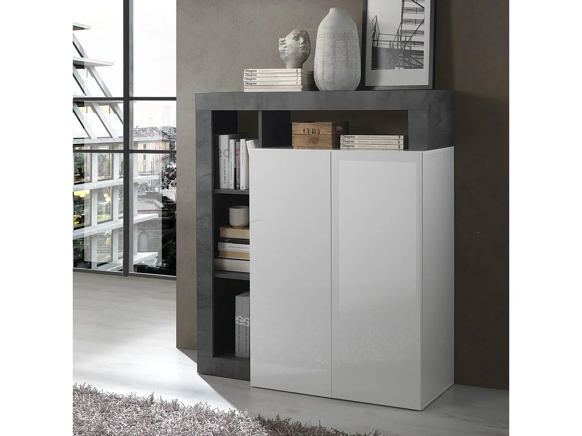 ARTURO - Meuble Bar 2 Portes Blanc Laqué Encadrement Niches Aspect Gris Oxyde