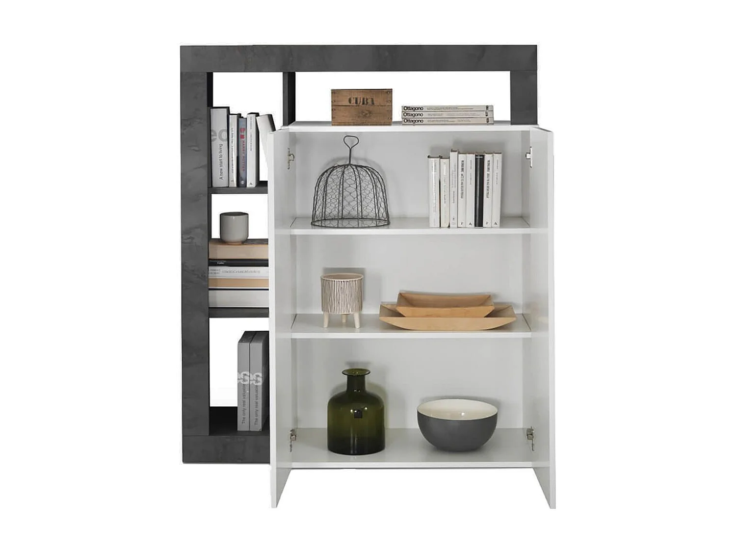 ARTURO - Meuble Bar 2 Portes Blanc Laqué Encadrement Niches Aspect Gris Oxyde