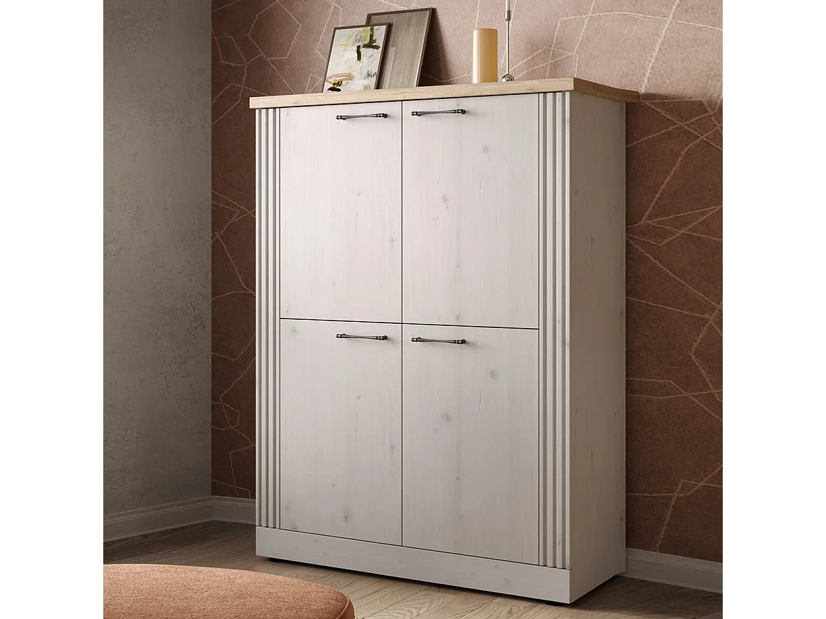 NASHVIL - Meuble Rangement 4 Portes Aspect Chêne Blanchi et Chêne clair