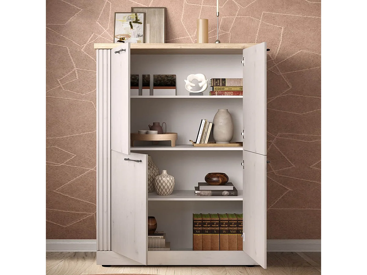 NASHVIL - Meuble Rangement 4 Portes Aspect Chêne Blanchi et Chêne clair