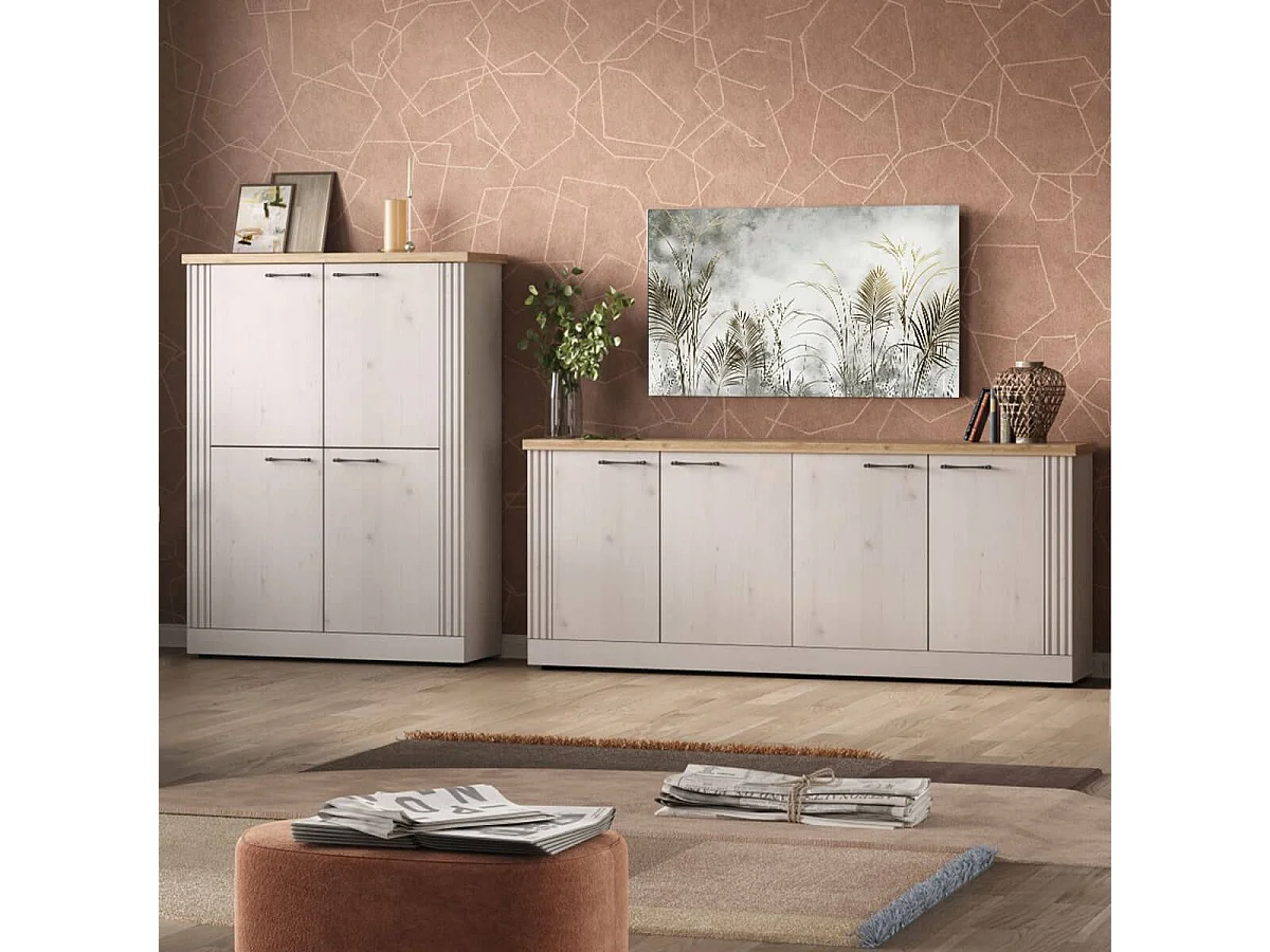 NASHVIL - Meuble Rangement 4 Portes Aspect Chêne Blanchi et Chêne clair