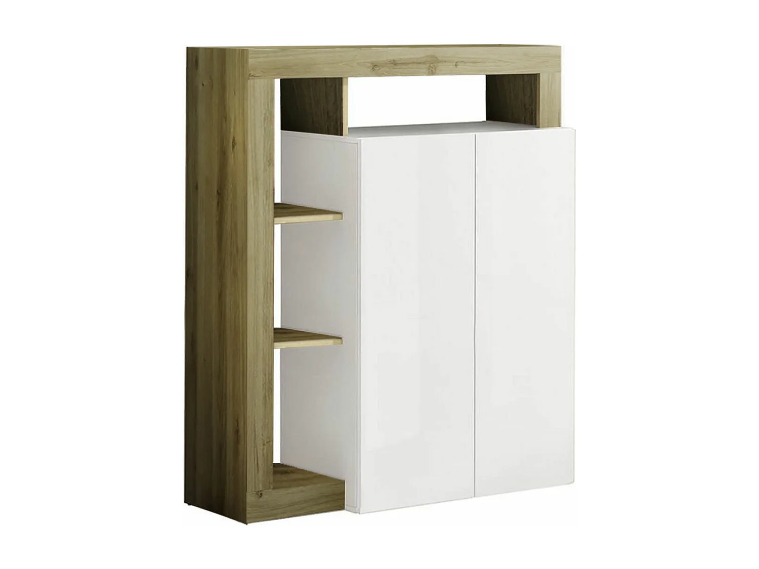 ARTURO - Meuble Bar 2 Portes Blanc Laqué Encadrement Niches Aspect Bois Cadiz