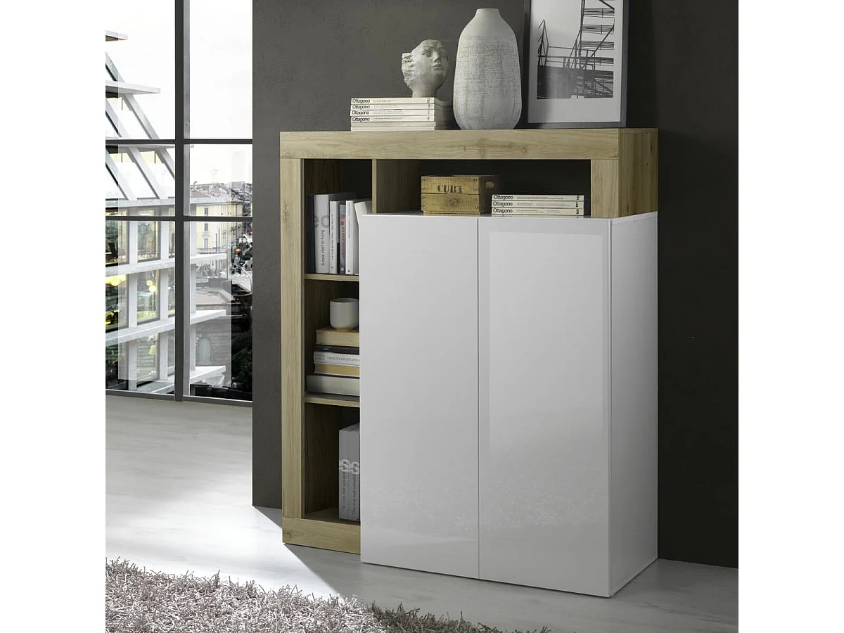 ARTURO - Meuble Bar 2 Portes Blanc Laqué Encadrement Niches Aspect Bois Cadiz