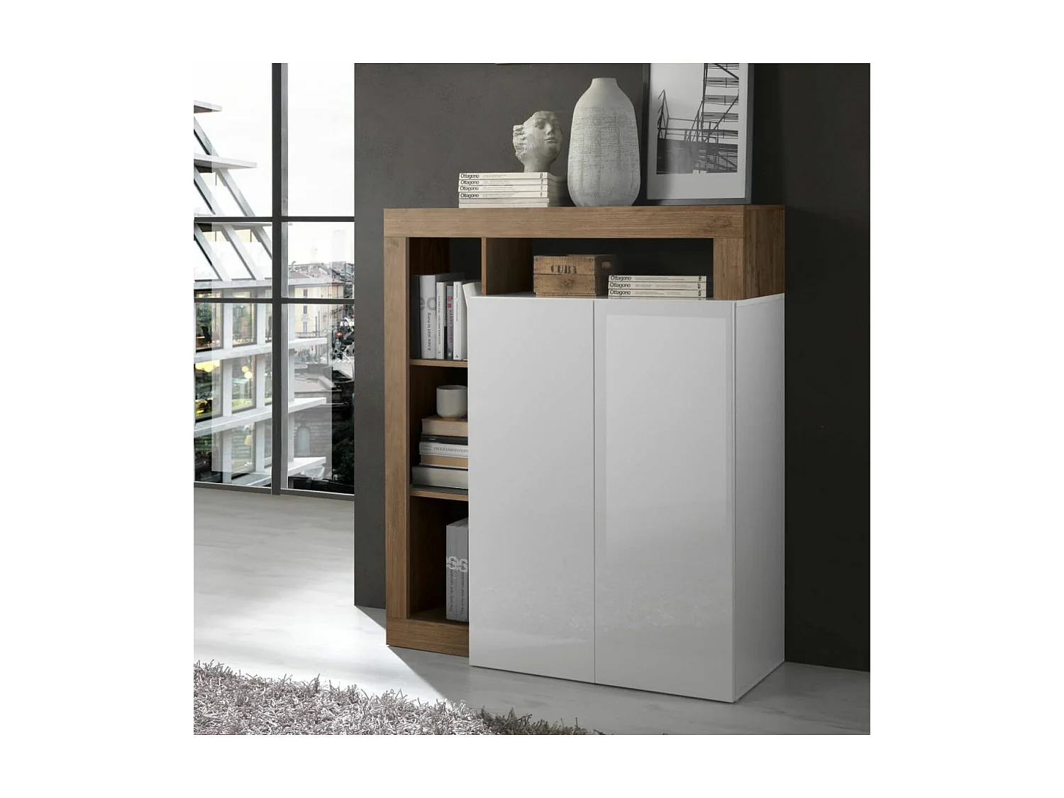 ARTURO - Meuble Bar 2 Portes Blanc Laqué Encadrement Niches Aspect Chêne Mercure