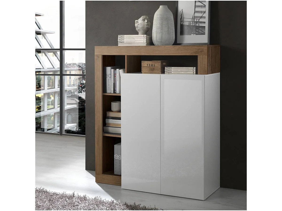 ARTURO - Meuble Bar 2 Portes Blanc Laqué Encadrement Niches Aspect Chêne Mercure