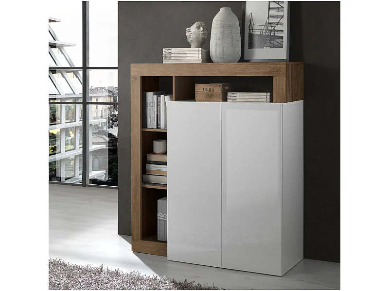 ARTURO - Meuble Bar 2 Portes Blanc Laqué Encadrement Niches Aspect Chêne Mercure