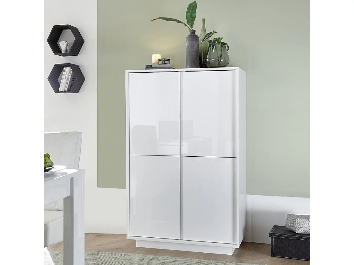 LYSIANE - Argentier 4 Portes Finition Blanc Laqué Brillant Weiss