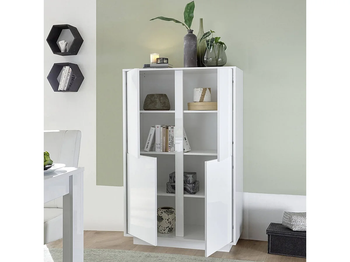 LYSIANE - Argentier 4 Portes Finition Blanc Laqué Brillant Weiss
