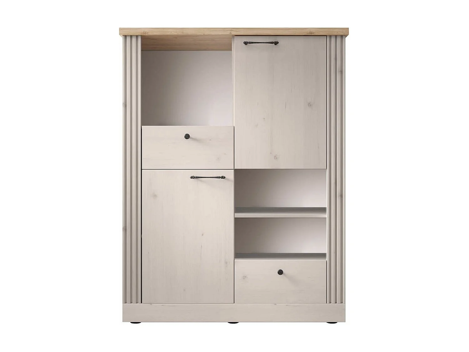 NASHVIL - Meuble Rangement 2 Portes 2 Tiroirs Aspect Chêne Blanchi et Chêne clair
