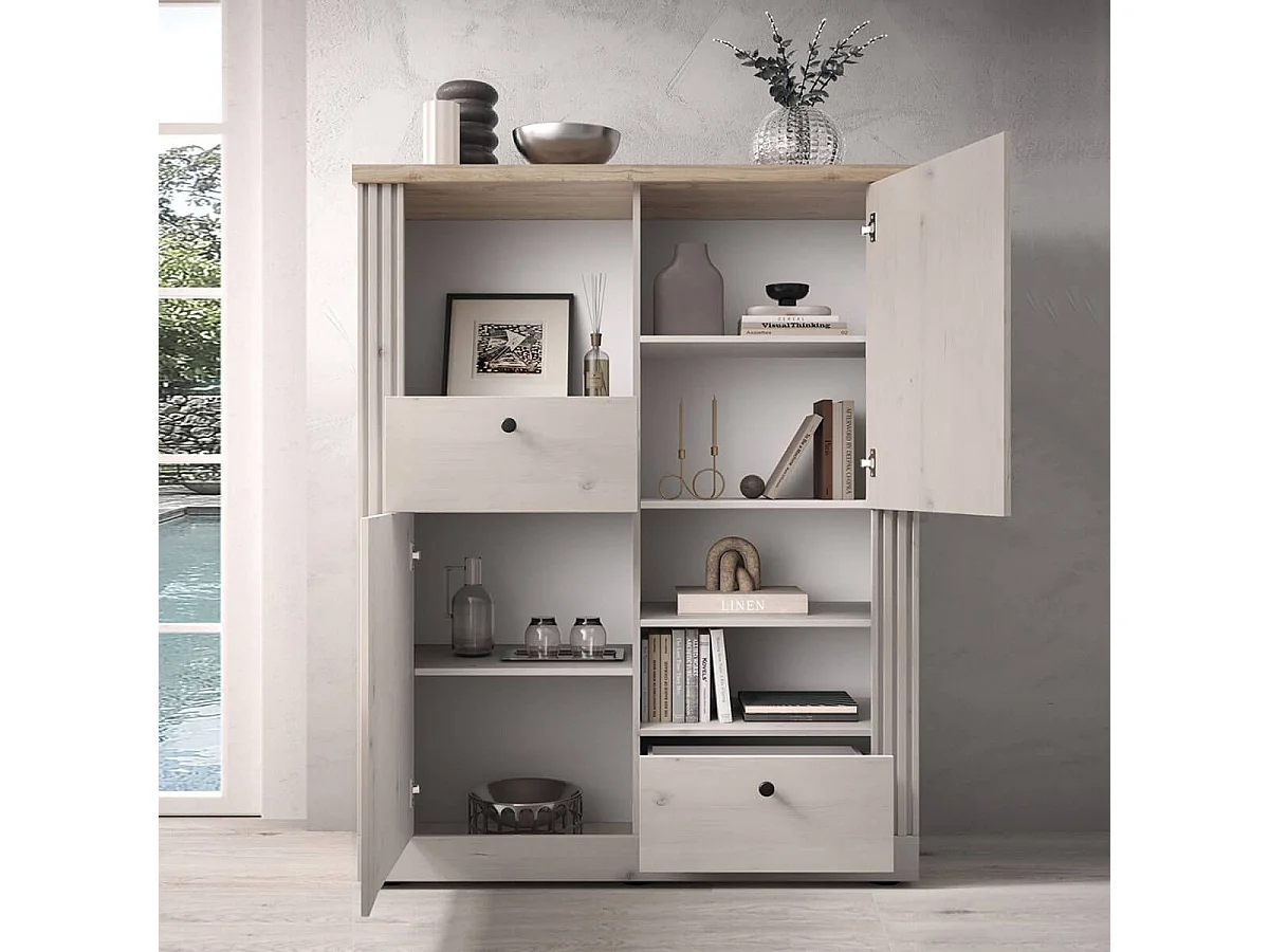 NASHVIL - Meuble Rangement 2 Portes 2 Tiroirs Aspect Chêne Blanchi et Chêne clair