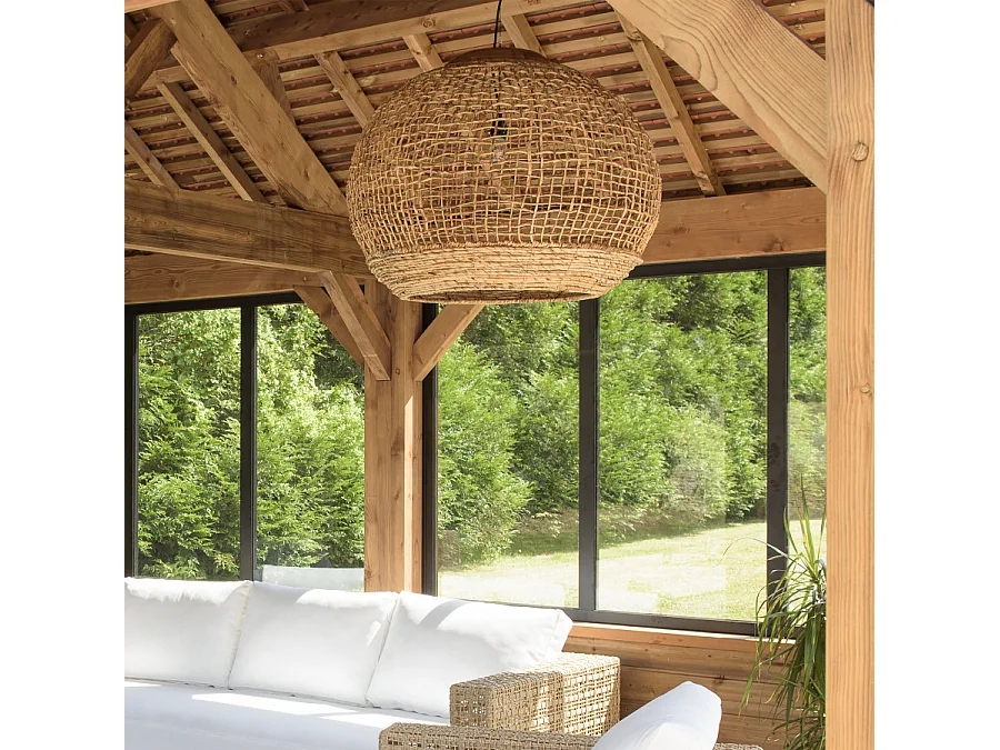 SIXTINE - Suspension 'boule' 83x83cm en bois teck et rotin naturelle