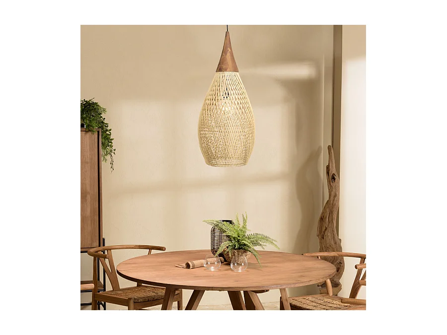 SIXTINE - Suspension 'goutte' 35x35cm bois de teck et rotin naturelle