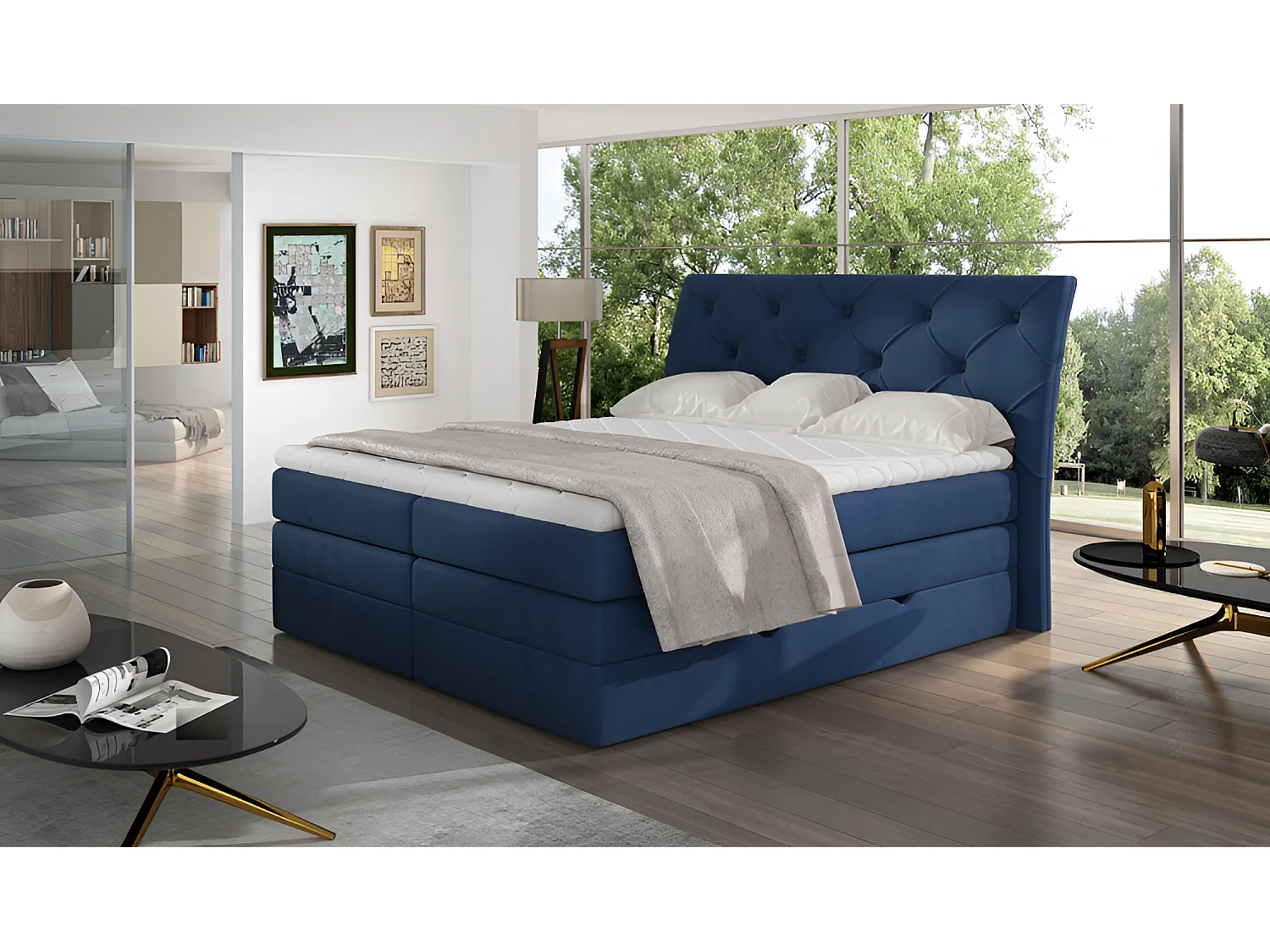 Box Spring Letto Westwood M (160x200) Tessuto-Blu