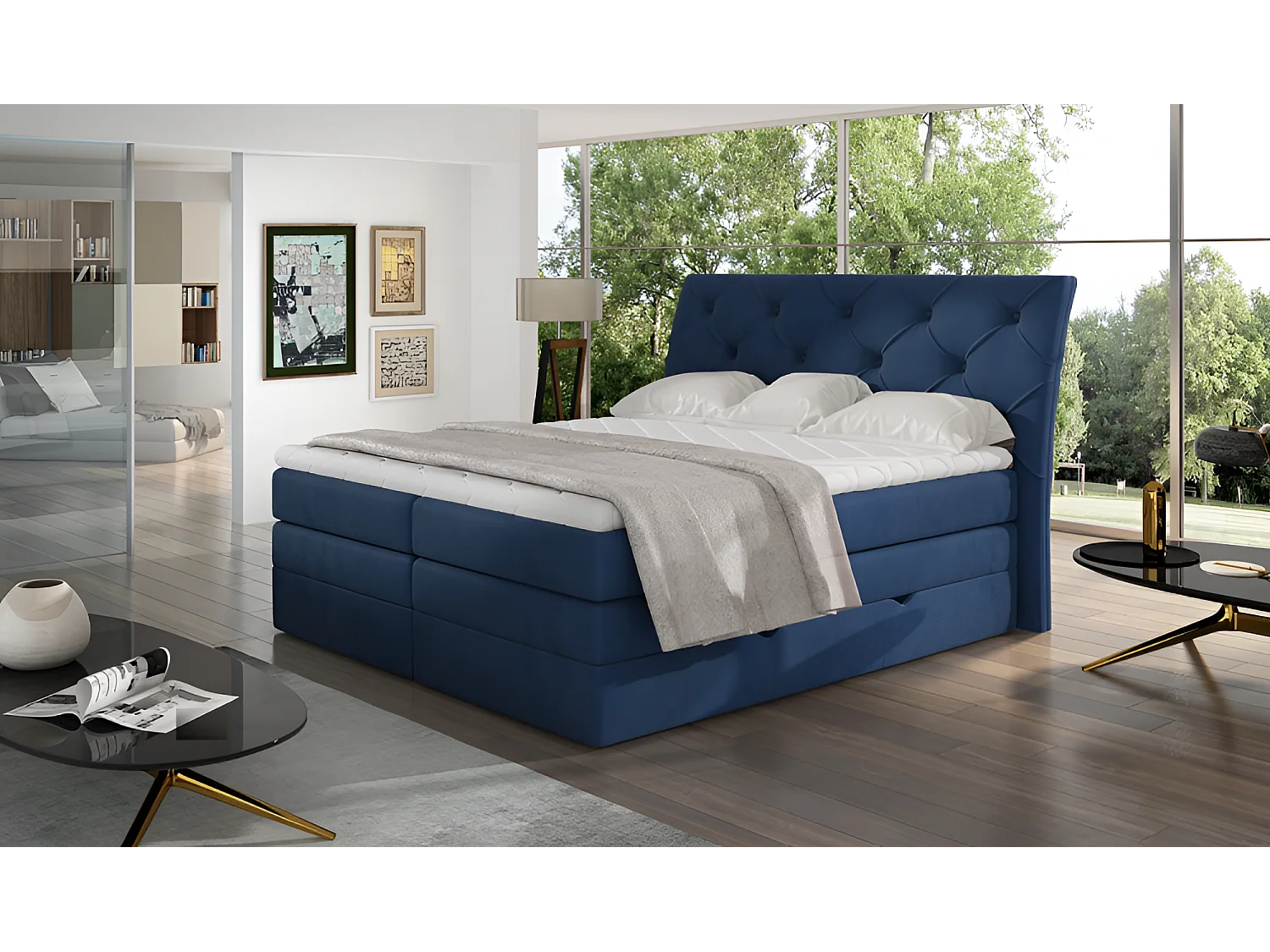 Box Spring Lit Westwood M (160x200) Tissu-Bleu