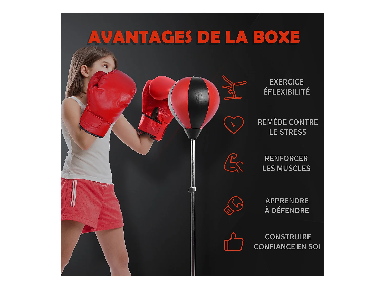 Sac de frappe punching ball avec gants et pompe hauteur reglable 125 à 145 cm