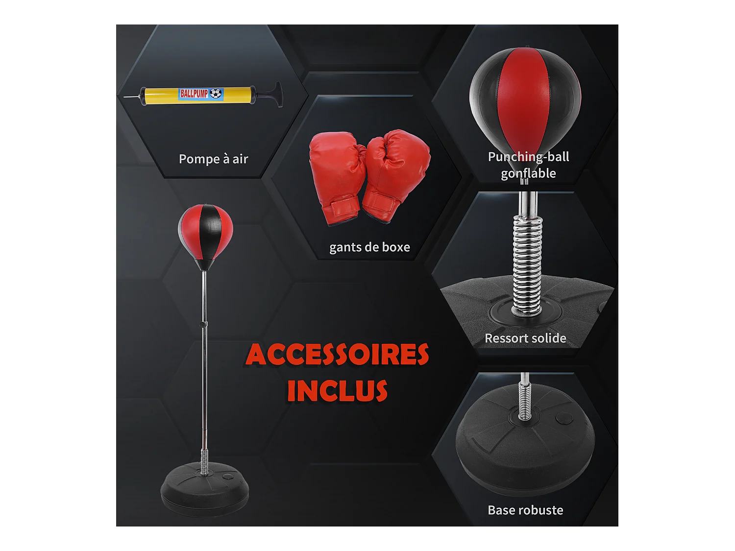 Sac de frappe punching ball avec gants et pompe hauteur reglable 125 à 145 cm
