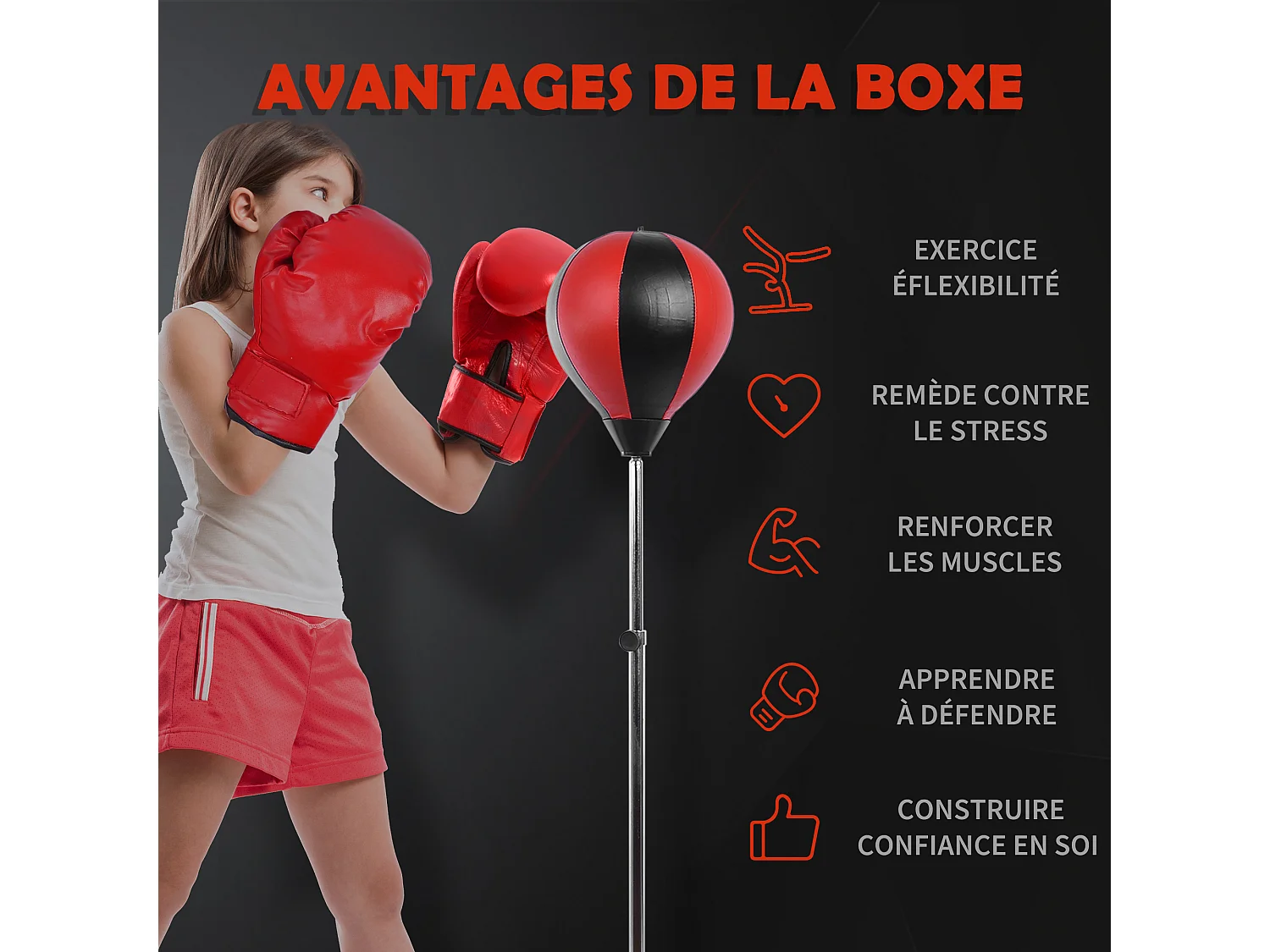Sac de frappe punching ball avec gants et pompe hauteur reglable 125 à 145 cm