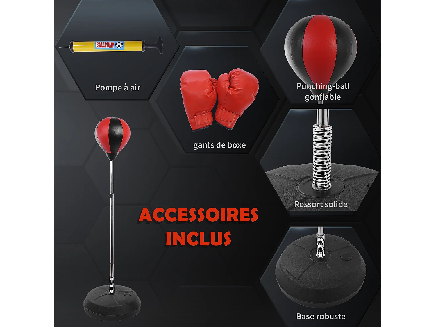 Sac de frappe punching ball avec gants et pompe hauteur reglable 125 à 145 cm