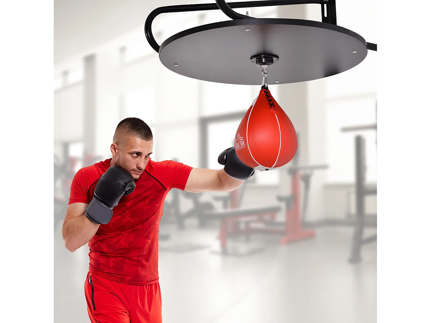 Punching ball poire de vitesse boxe avec support plateau tournant + pompe MDF acier revêtement synthétique rouge noir