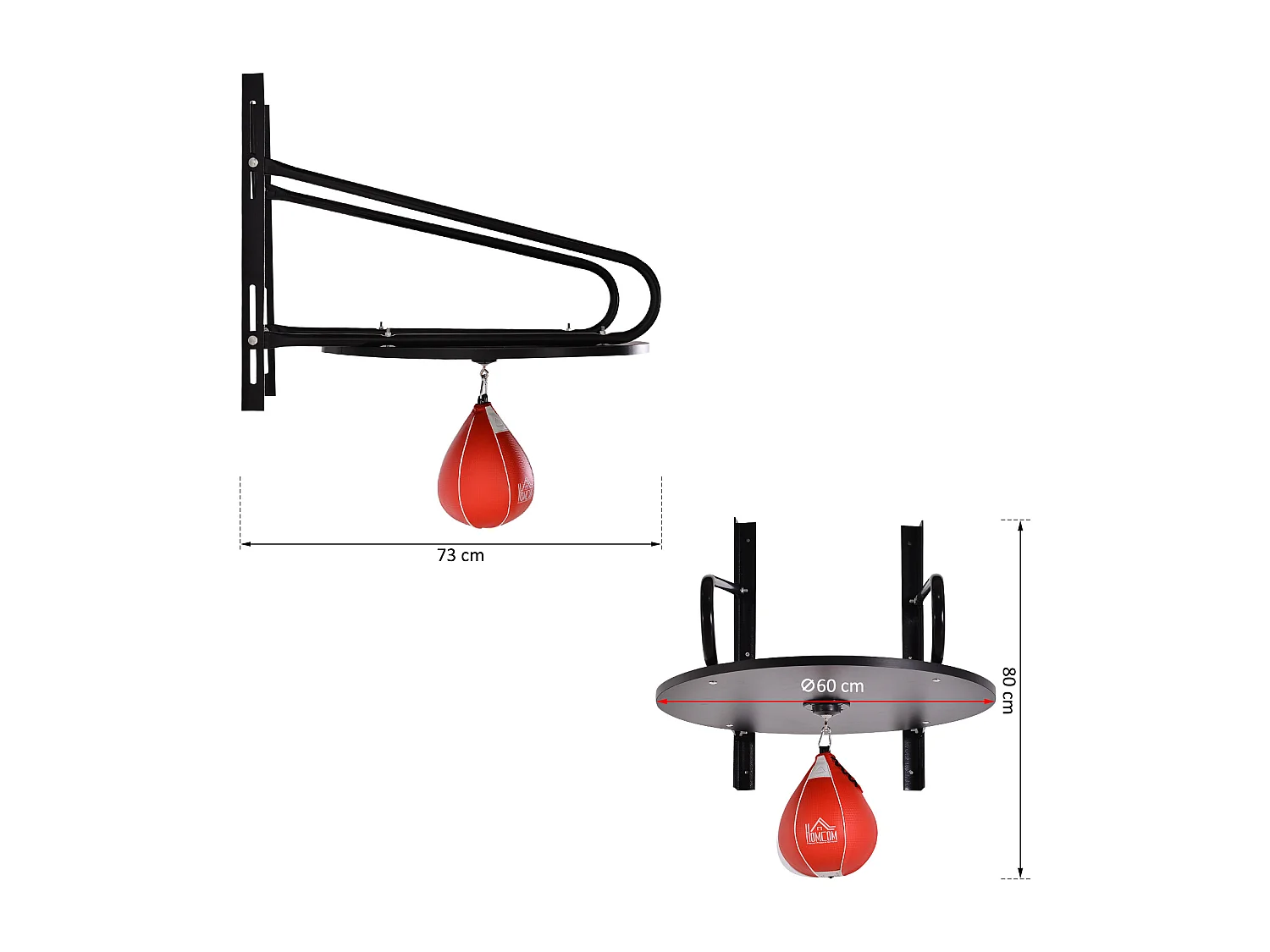 Punching ball poire de vitesse boxe avec support plateau tournant + pompe MDF acier revêtement synthétique rouge noir