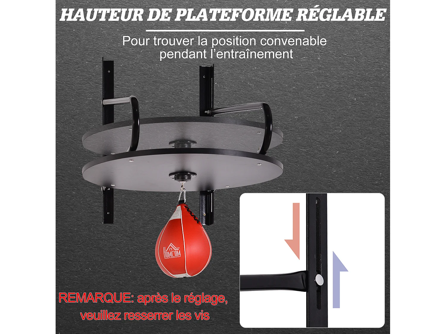 Punching ball poire de vitesse boxe avec support plateau tournant + pompe MDF acier revêtement synthétique rouge noir