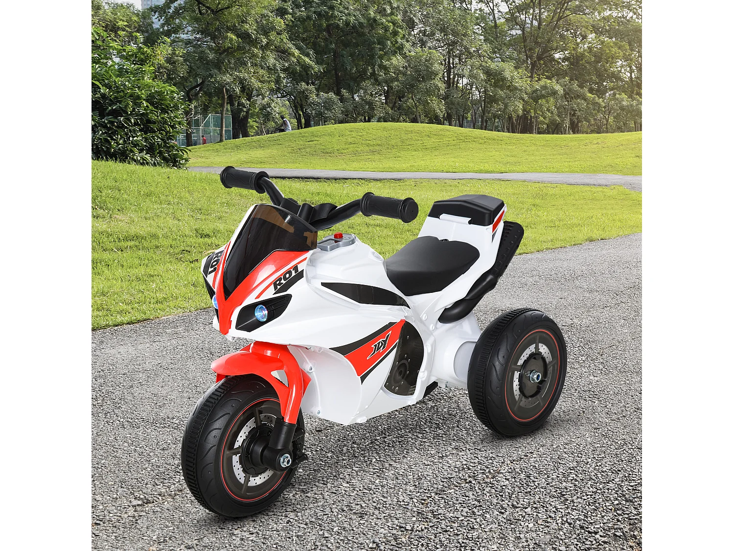 Porteur enfants moto de course effets musicaux et lumineux coffre rangement rouge blanc