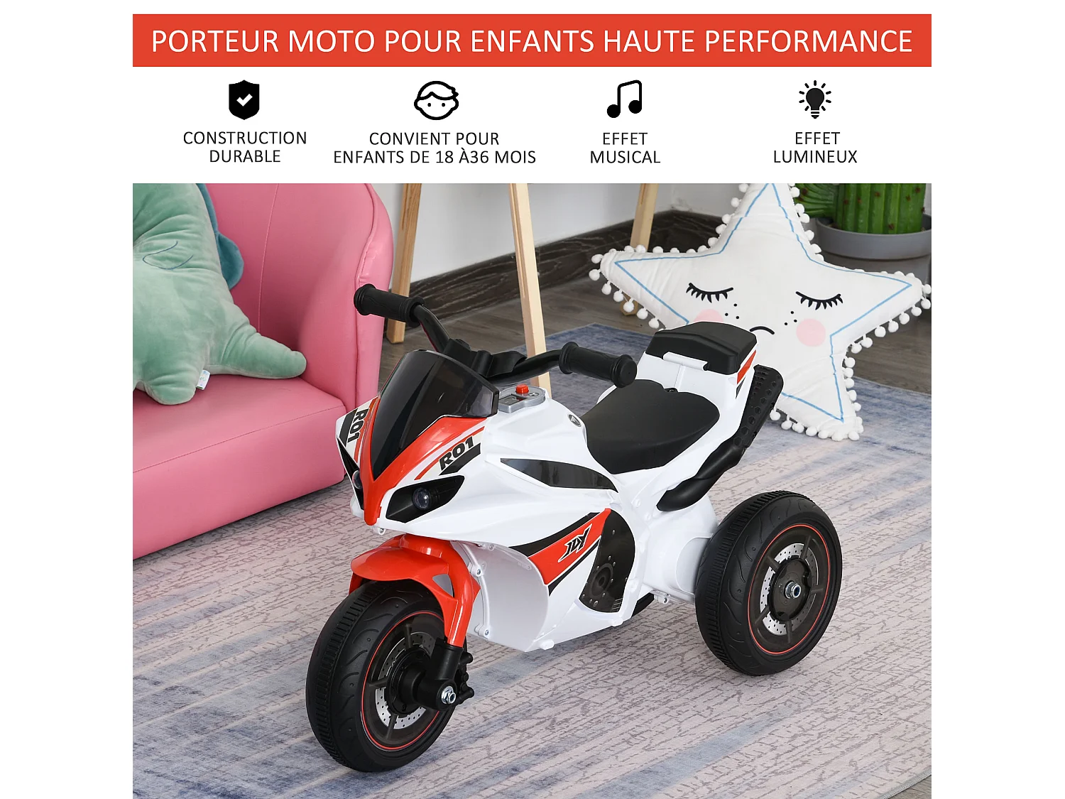 Porteur enfants moto de course effets musicaux et lumineux coffre rangement rouge blanc