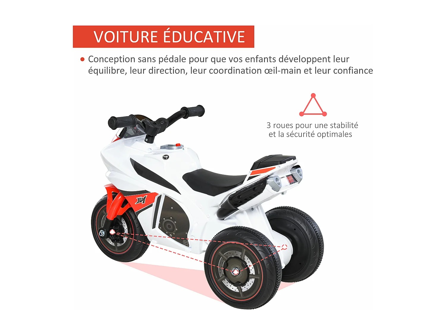 Porteur enfants moto de course effets musicaux et lumineux coffre rangement rouge blanc