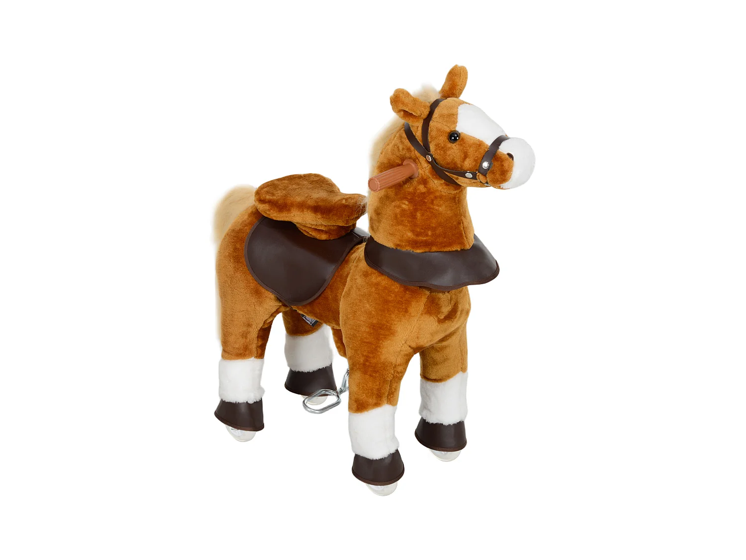 Porteur cheval pour enfant +3 ans cheval debout en peluche 4 roulettes effet sonore marron blanc