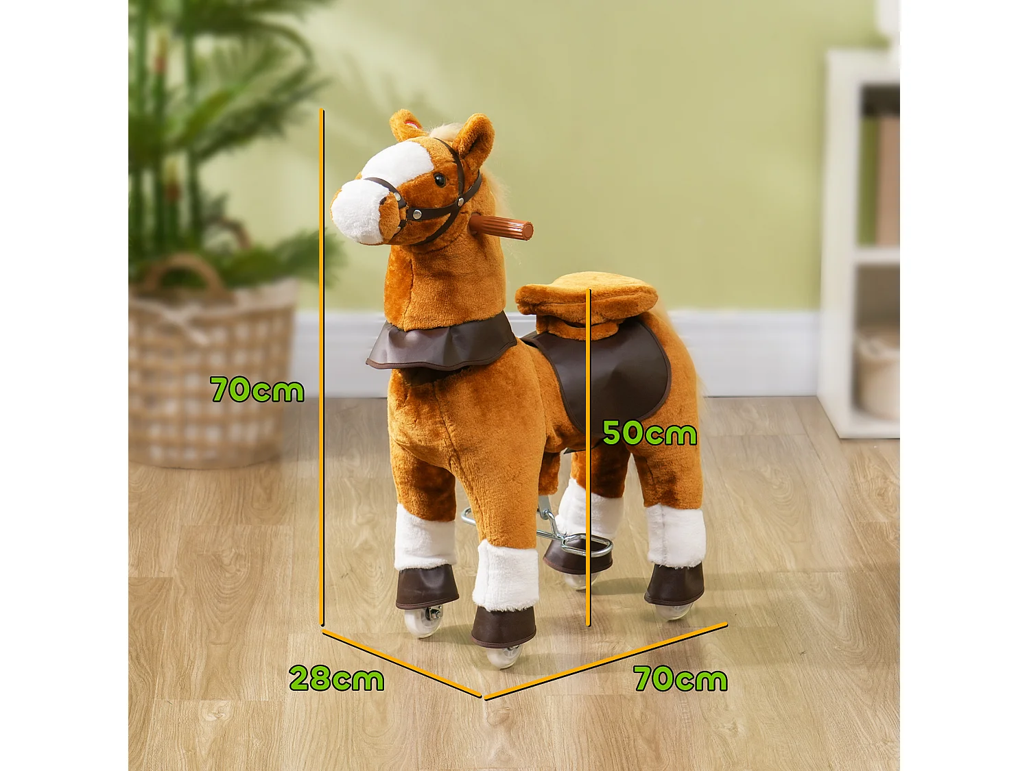 Porteur cheval pour enfant +3 ans cheval debout en peluche 4 roulettes effet sonore marron blanc