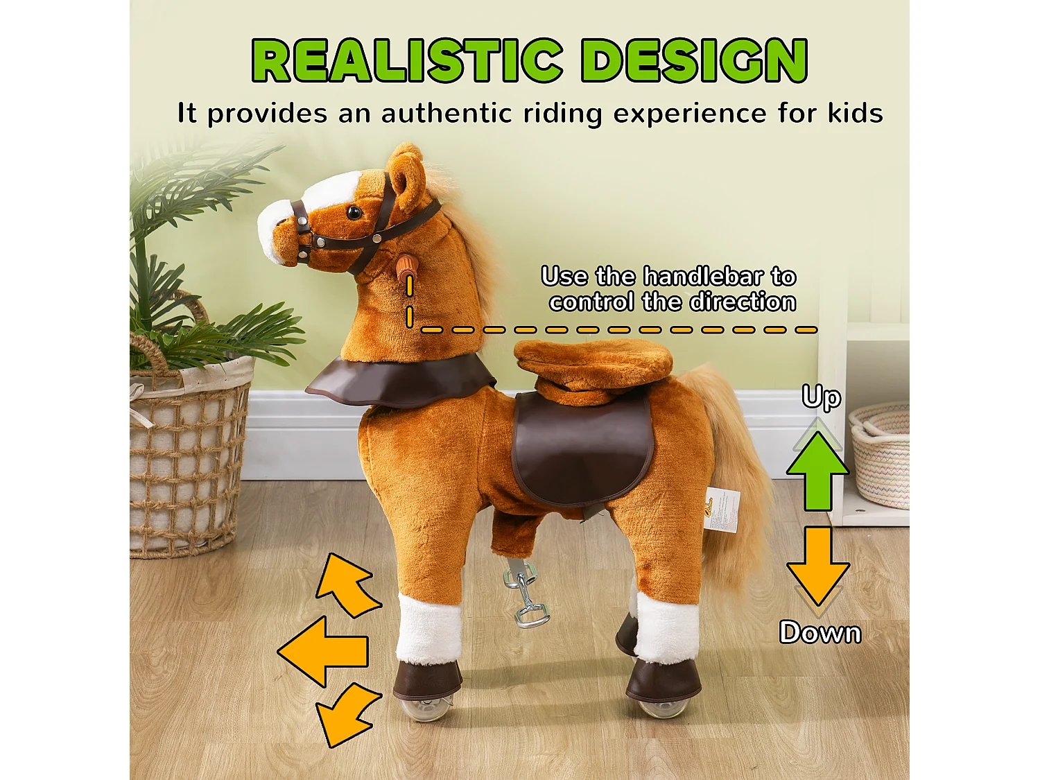 Porteur cheval pour enfant +3 ans cheval debout en peluche 4 roulettes effet sonore marron blanc