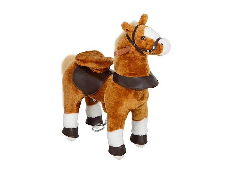 Porteur cheval pour enfant +3 ans cheval debout en peluche 4 roulettes effet sonore marron blanc
