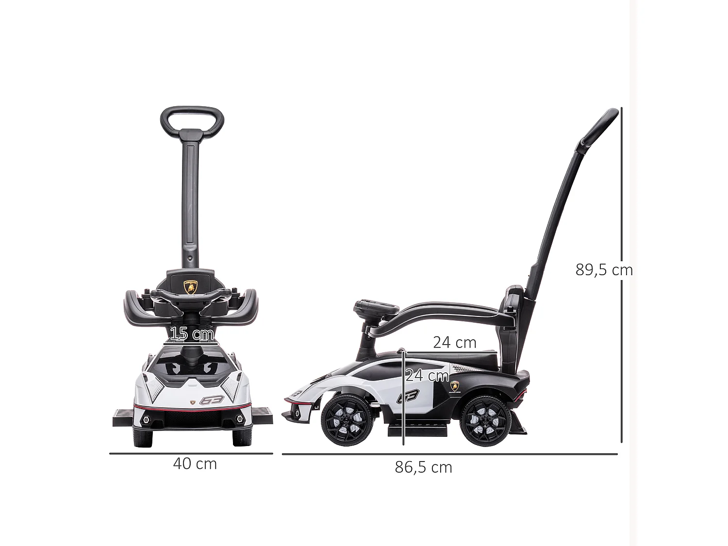 Porteur enfant voiture à pousser 2 en 1 - licence officielle Lamborghini Essenza SCV12 - nombreux équipements - noir blanc