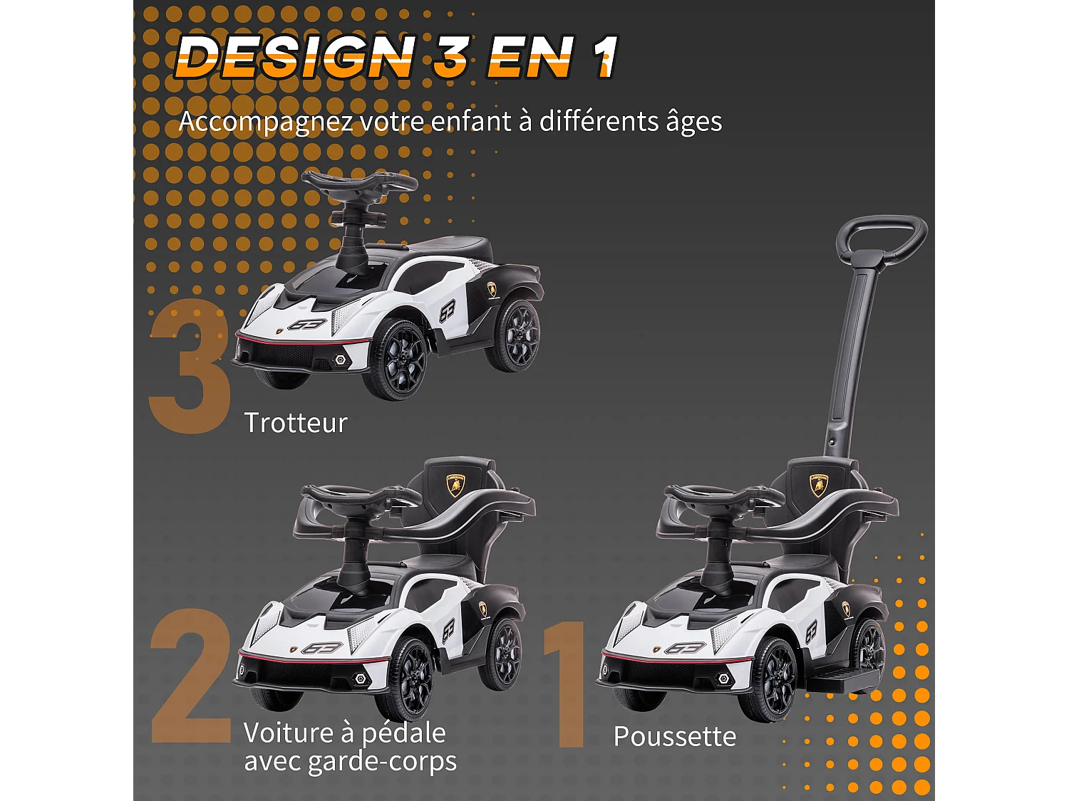 Porteur enfant voiture à pousser 2 en 1 - licence officielle Lamborghini Essenza SCV12 - nombreux équipements - noir blanc