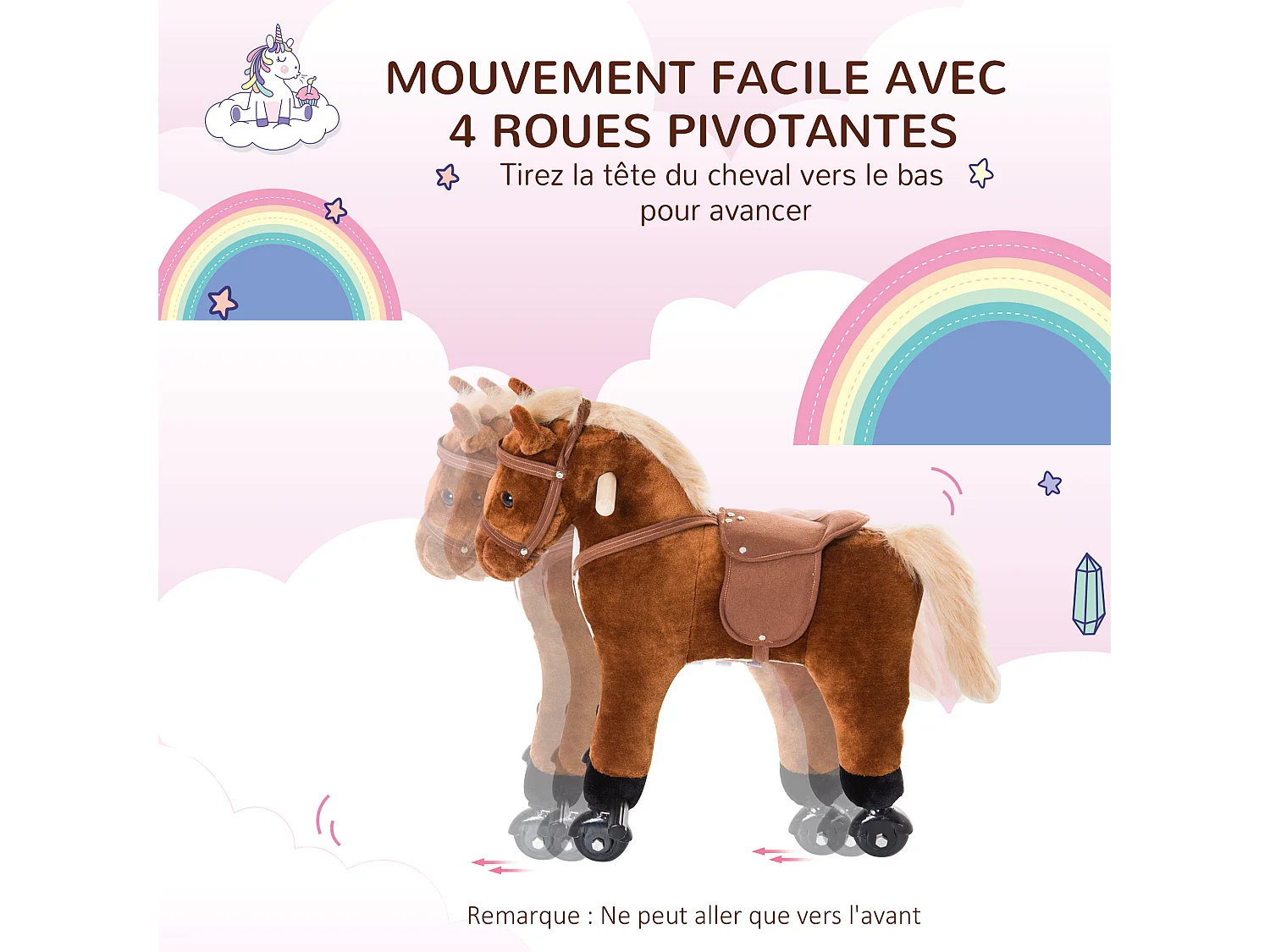 Porteur cheval pour enfant +36 mois effet sonore repose-pieds poignées marron blanc