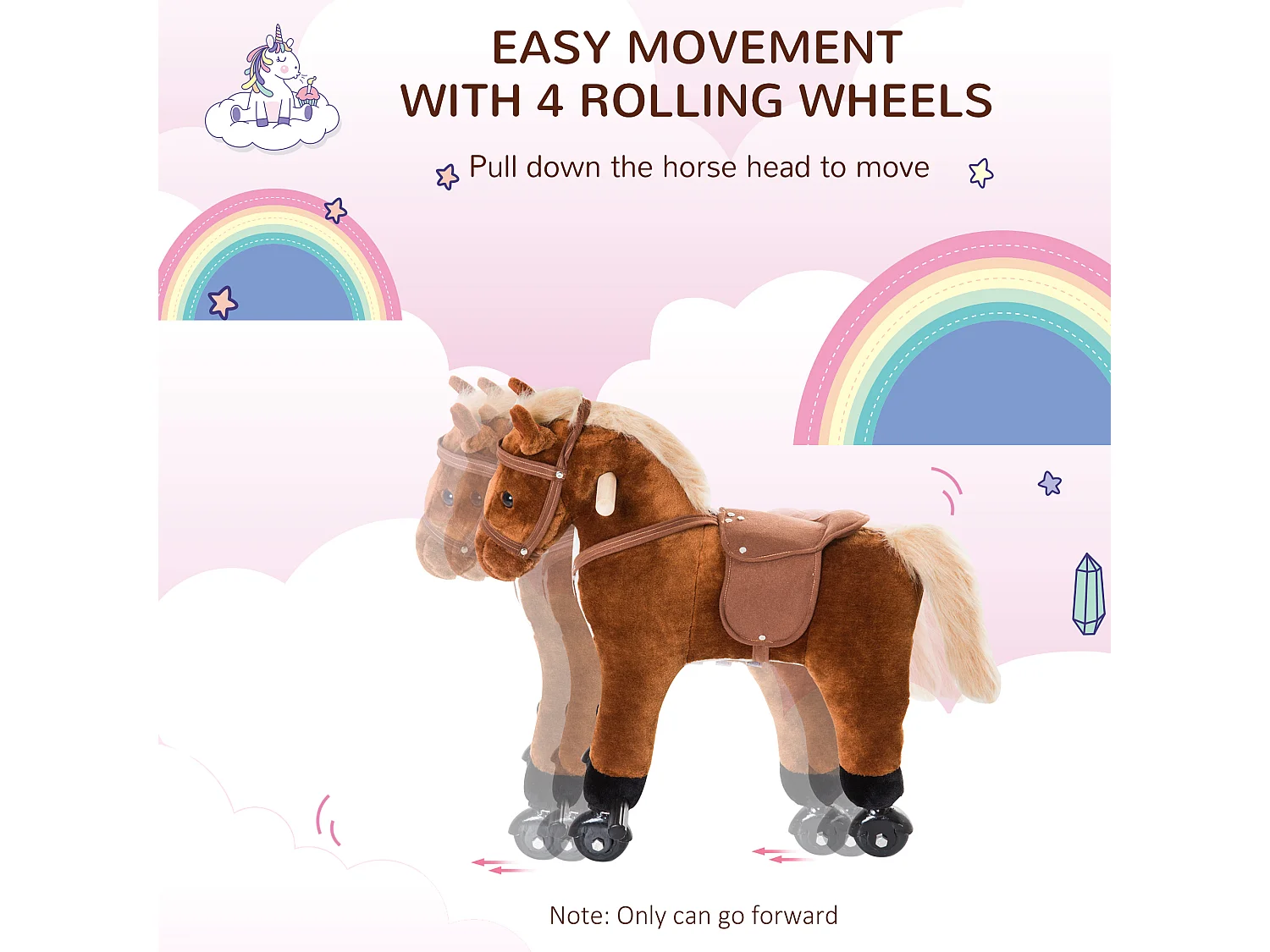 Porteur cheval pour enfant +36 mois effet sonore repose-pieds poignées marron blanc