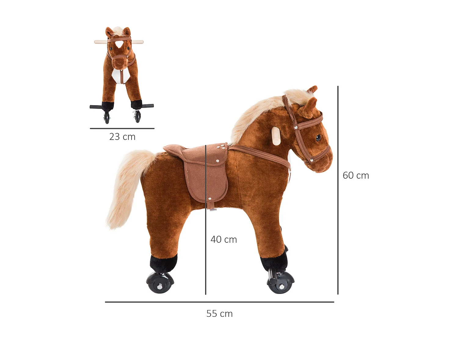 Porteur cheval pour enfant +36 mois effet sonore repose-pieds poignées marron blanc
