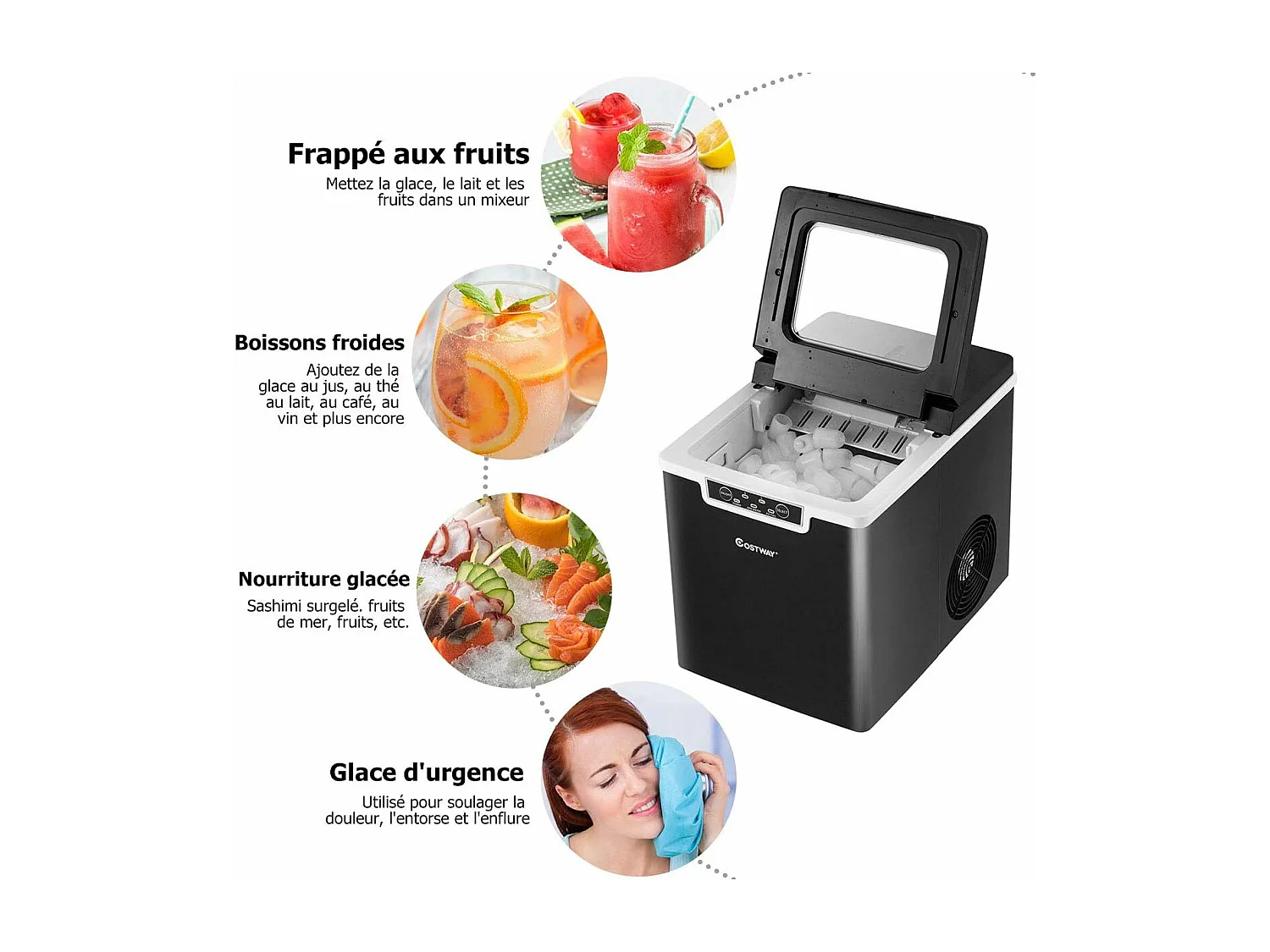 Machine à glaçons de comptoir 12kg /24h portable 9 glaçons par 8 min avec réservoir 1,85l