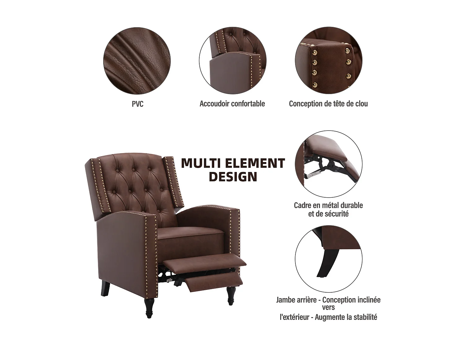 Fauteuil releveur électrique en cuir PU, fauteuil de massage inclinable, meuble réglable pour le dos, pieds avec 3 positions, port USB, chauffage, porte-gobelets