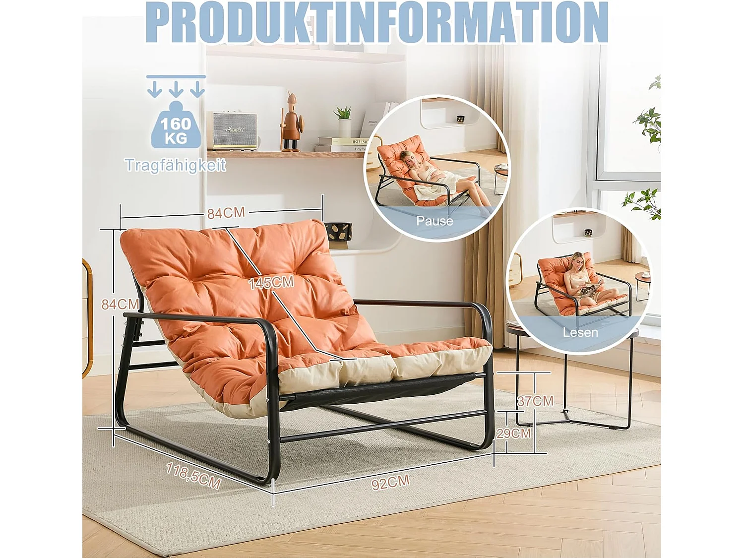Fauteuil Salon Chaise Longue de Jardin avec Coussin Réversible Chaise rembourrée en Acier Chaise Longue de Loisirs Orange
