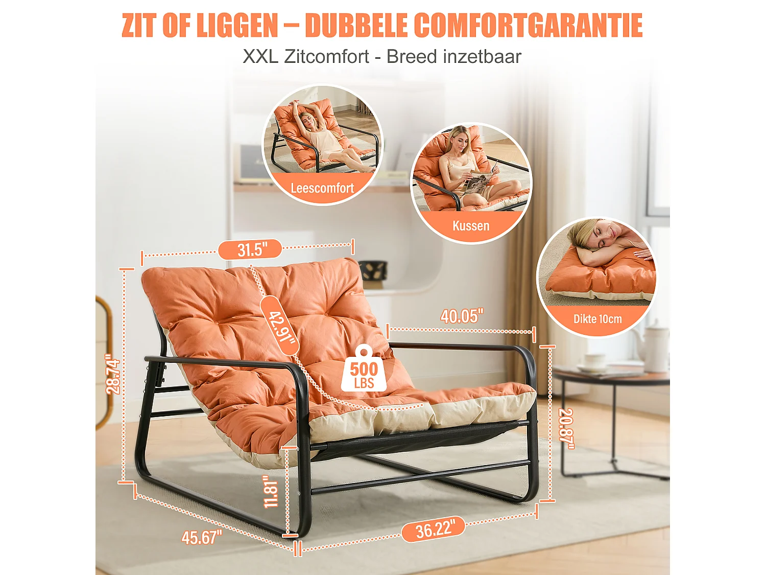Fauteuil Salon Chaise Longue de Jardin avec Coussin Réversible Chaise rembourrée en Acier Chaise Longue de Loisirs Orange