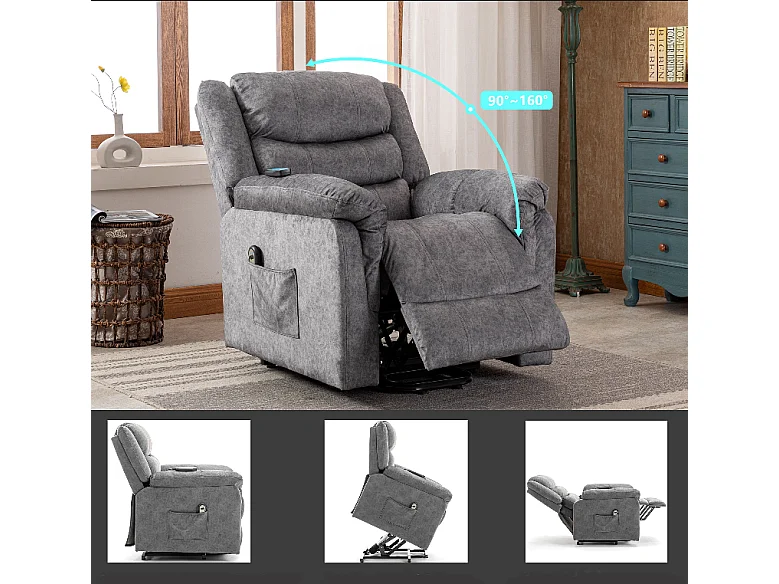 Fauteuil releveur électrique en cuir PU, fauteuil de massage inclinable, réglable pour le dos, pieds avec 3 positions, port USB, chauffage, porte-gobelets